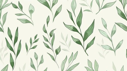 Delicate green plant and leaf pattern, hand-drawn in a simple, minimal, clean style