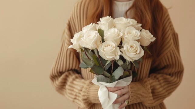 A woman holding a bouquet of white roses, photorealistic ai image on beige background