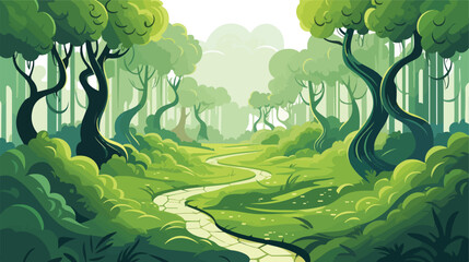 A lush green forest with a winding path leading int