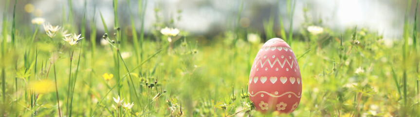 A single well hidden pink Easter Egg with intricate carved design. Focus on Easter Egg found hidden in dense grass for Easter Egg hunt.