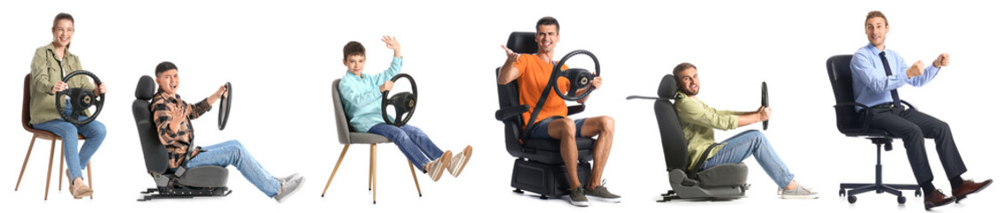 Collage of different people with steering wheels on white background