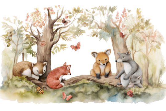 landscape hand design nursery art wild illustration character cute baby watercolor tree kids animals squirrel painted forest shower baby woodland wall composition bear summer print - Powered by Adobe