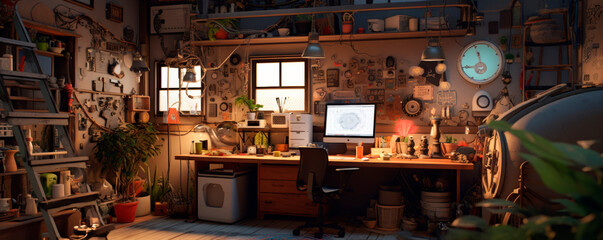 In this cluttered room, a computer desk with its monitor, keyboard, and mouse stands amid scattered items and papers, creating a space of disorder yet productivity. Banner. Copy space. - obrazy, fototapety, plakaty