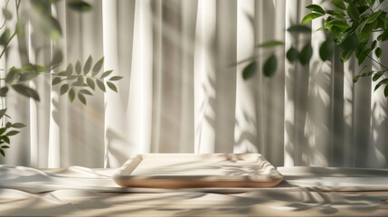 3d render empty wooden tray table on white satin curtains background. AI generated image - obrazy, fototapety, plakaty