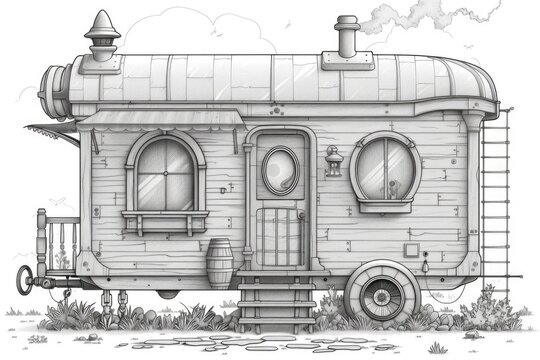 A drawing of a tiny house in the middle of a field