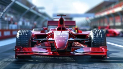 Foto op Canvas Close up front view fast red race car on a track in circuit arena. AI generated image © yusufadi