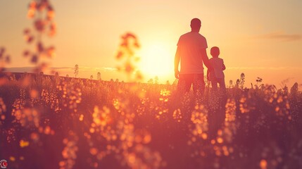 Father and Child Enjoying a Sunset Secret Handshake - obrazy, fototapety, plakaty