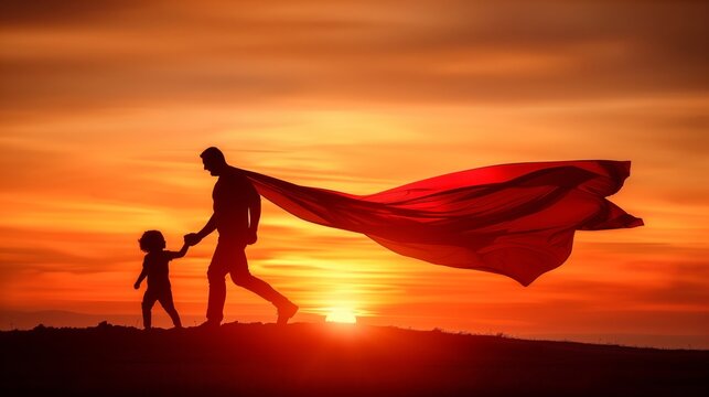 Superhero Father and Child in Silhouette at Sunset - Powered by Adobe