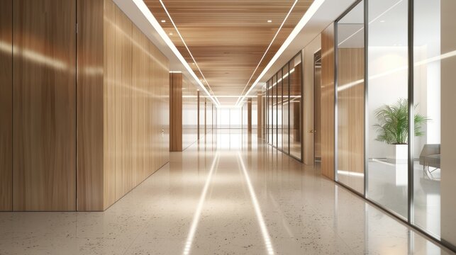 Empty modern interior design office corridor with wooden wall and floor decoration. AI generated