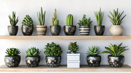 Green Succulents in Decorative Pots, Modern Interior with Houseplants on Bright Wooden Shelves