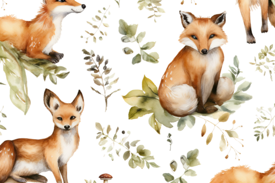 baby greenery seamless nursery squirrel hand textile deer illustration leaves baby fabric watercolor animals woodland cute forest fox fawn wild set wallpaper pattern painted