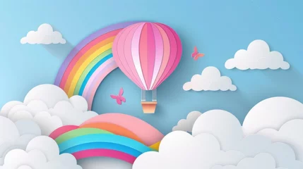 Tuinposter Colorful paper cut sky with hot air balloon,clouds and rainbow landscape background. AI generated © yusufadi