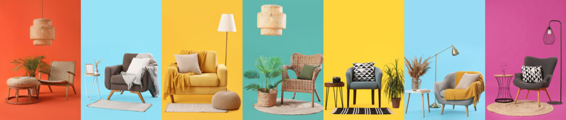 Collage of stylish armchairs with tables, lamps and decorations on color background