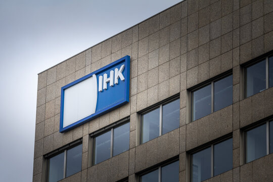DUSSELDORF, GERMANY - NOVEMBER 7, 2022: Logo of IHK Dusseldorf on their main building. industrie und handelskammer dusseldorf is the local chamber of commerce.