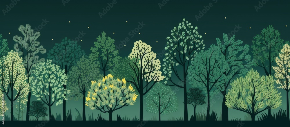 Poster a row of trees in a forest at night creates a mysterious atmosphere with the sky full of twinkling s