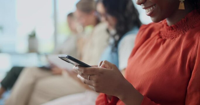 Job interview, business people or hands with phone in waiting room for sign up, registration or recruitment application Hiring, line or employee on smartphone app for onboarding process at hr office
