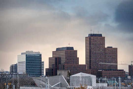 Panorama of skyline of Gatineau skyscrapers with the Terrasses de la Chaudiere building complex of federal canadian government administrations, transportation heritage, environment & indigenous affair