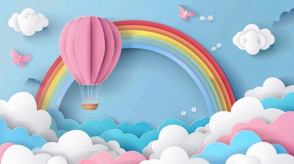 Fototapeta na wymiar Colorful paper cut sky with hot air balloon,clouds and rainbow landscape background. AI generated