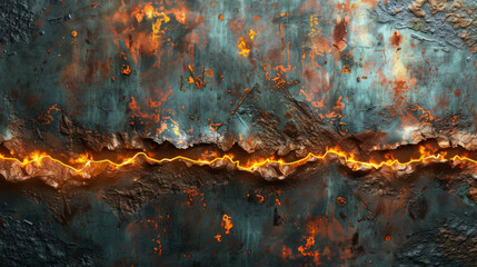metal texture background that is torn in half with glowing fire edge