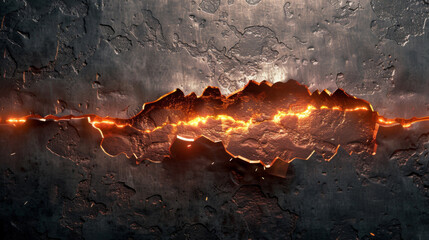 metal texture background that is torn in half with glowing fire edge - obrazy, fototapety, plakaty