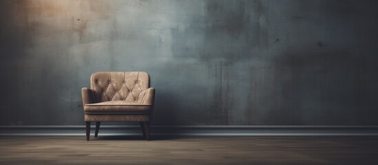A wooden chair sits comfortably on hardwood flooring in a dimly lit room, facing a wall in the building - obrazy, fototapety, plakaty