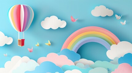 Colorful paper cut sky with hot air balloon,clouds and rainbow landscape background. AI generated - obrazy, fototapety, plakaty