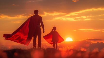 Father and Child in Superhero Capes at Sunset