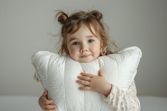 A little girl holding a pillow in her hands, photorealistic ai image on grey background