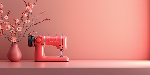 Sewing machine poster banner copy space with pink background - obrazy, fototapety, plakaty