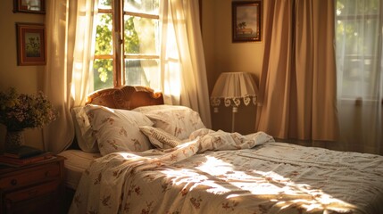 Homely Christian-themed bed and breakfast with scripture verses and morning sunlight - obrazy, fototapety, plakaty