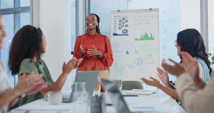 Meeting, presentation and businesswoman with applause for success, achievement and outstanding leadership in corporate career. Strategy, planning and team happy for idea, data or workshop with leader
