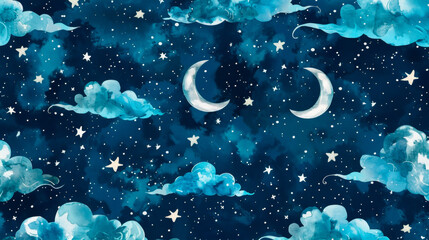 Obraz premium The night sky unfurls with billowing clouds, twinkling stars, and scattered crescent moons, painting a captivating scene of the cosmos' dark expanse and celestial grace. Banner. Copy space.