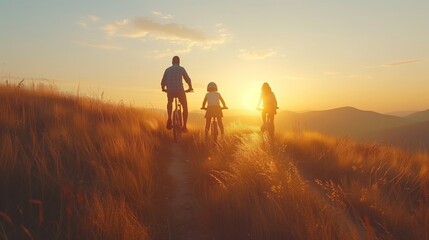 Father and Daughter Biking in Sunset Field on Father's Day