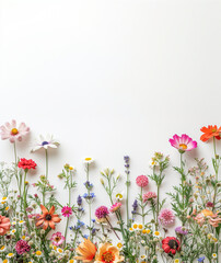 Flat lay of spring flowers, copy space