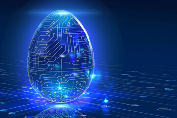 Easter egg in tech futuristic style. Abstract 3d neon glowing egg with circuit board texture. Illustration for greeting card, banner, poster - obrazy, fototapety, plakaty