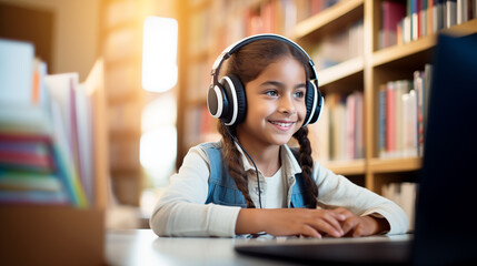 Happy schoolgirl in headphones at the computer. Girl studying online using laptop