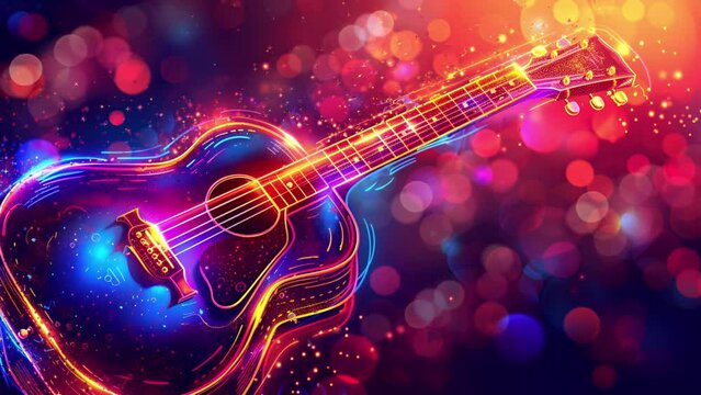 Seamless digital music equalizer audio waves, with neon style guitar; is perfect for background projects; 4k virtual video animation.