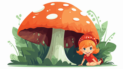 A mischievous pixie hiding behind a giant mushroom.
