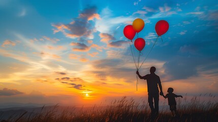 Father and Child Holding Balloons at Sunset Silhouette