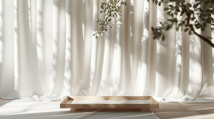 3d render empty wooden tray table on white satin curtains background. AI generated image