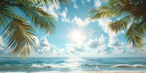 Fototapeta premium palm trees on the beach banner, copy space vacation summer