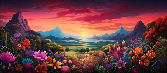 A beautiful painting depicting a sunset over a field of flowers with mountains in the background, creating a stunning natural landscape artwork - obrazy, fototapety, plakaty