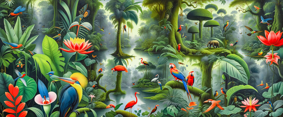 Jungle, tropical wallpaper. Magical fantasy animals, birds in enchanted fairy tale jungle. Amazon forest with fabulous animals, palm trees. wallpaper for kids room, interior design. mural art