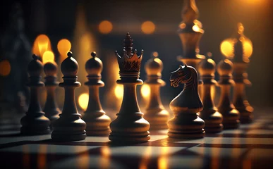 Rolgordijnen Set of chess pieces element stating on chessboard, queen rook. Cinematic lighting. Leadership, teamwork, partnership, business strategy, and decision concept. Generative Ai. © Peachaya