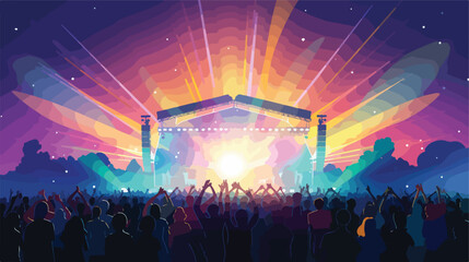 A music festival scene with a crowd cheering and co - obrazy, fototapety, plakaty