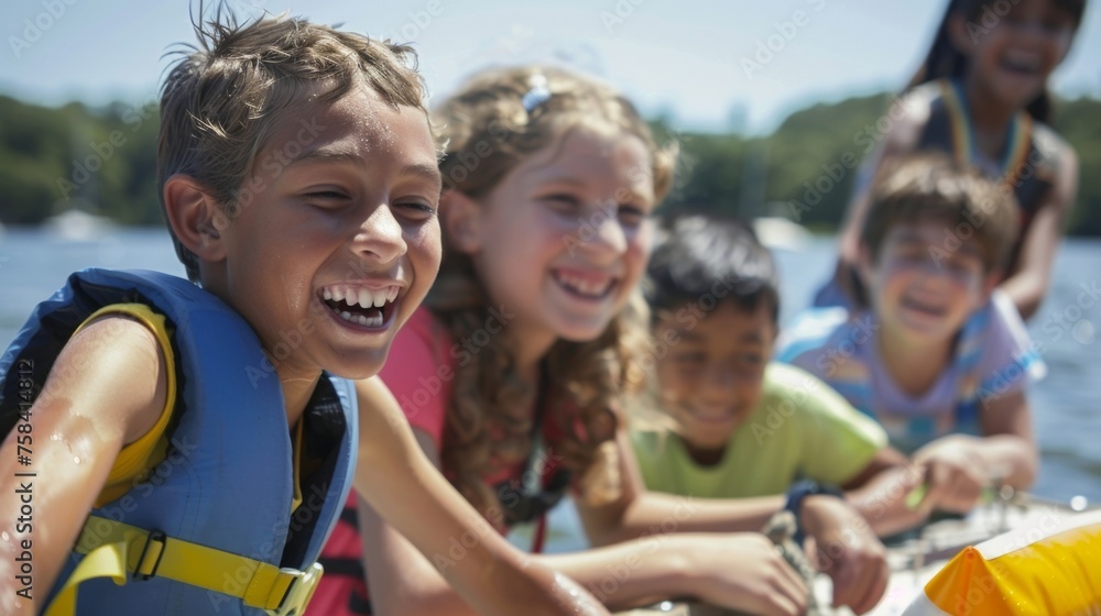 Poster a group of happy children ranging in age from 6 to 12 are gathered around a small dock learning how 