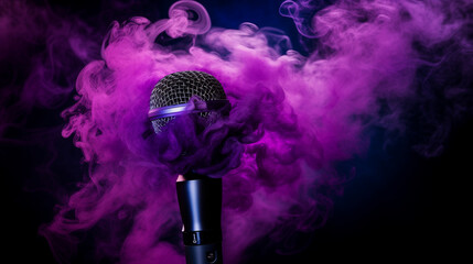 microphone on smoke black background - obrazy, fototapety, plakaty