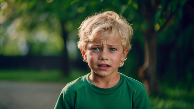 A Blond Boy With Green Eyes Crying And Throwing A Tantrum