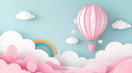 Colorful paper cut sky with hot air balloon,clouds and rainbow landscape background. AI generated