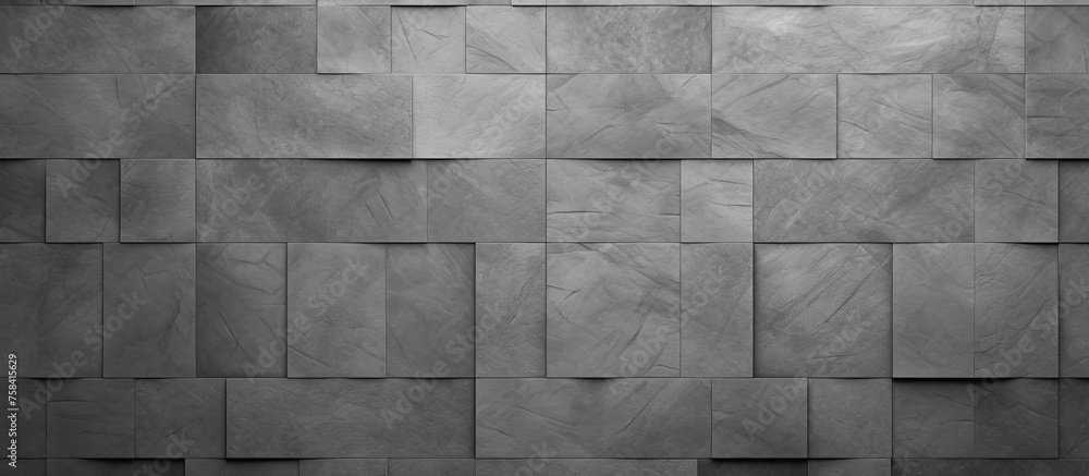 Poster monochrome photography of a grey rectangular tile wall with a parallel pattern, creating symmetry an